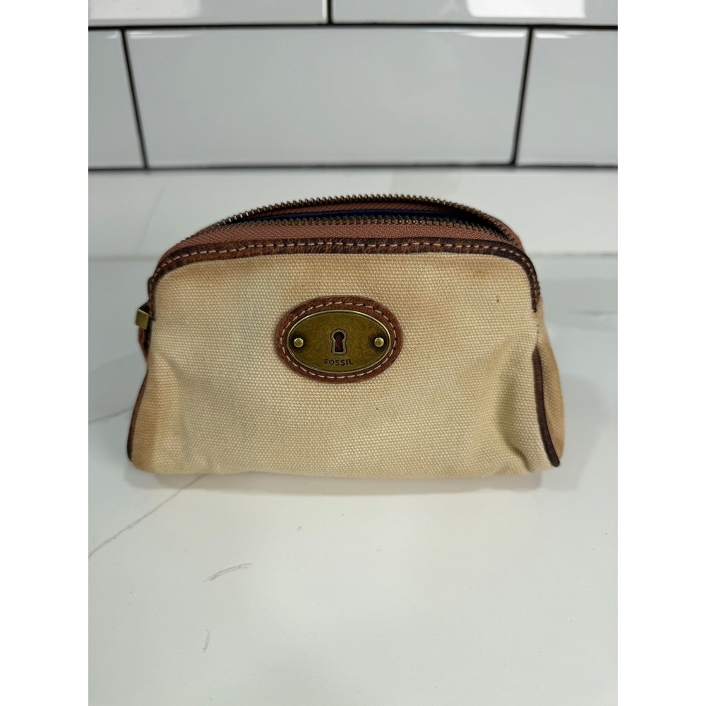 Fossil Canvas Embroidered Bird Floral Cosmetic Bag Beige Brown Keyhole Pouch